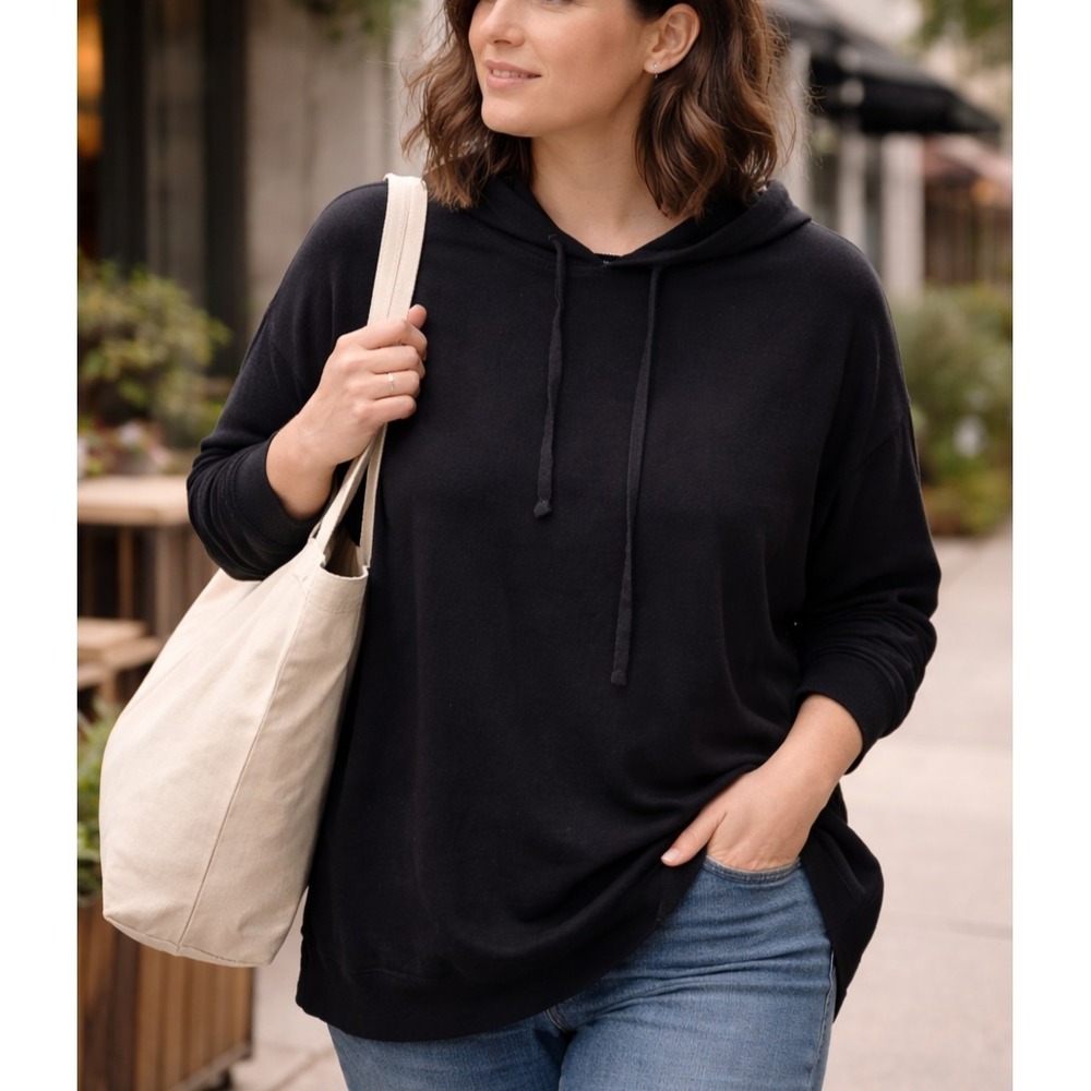 Eileen Fisher Women Organic Cotton Hooded Tunic Sweatshirt Sz L Quiet Luxury USA